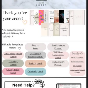May include: A digital product listing for printable planner templates. The image shows a variety of planner designs, including a home management planner, a wedding planner, a prayer journal, a gratitude journal, and a photography planner. The text "Thank you for your order!" and "Editable Templates Below" is visible in the image.