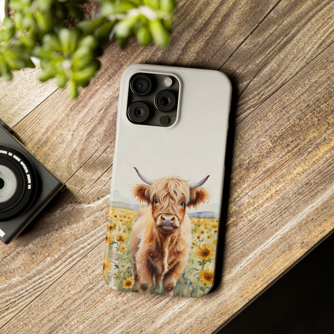 Watercolor Baby Highland Cow on a Sunflower Field Phone Case Apple