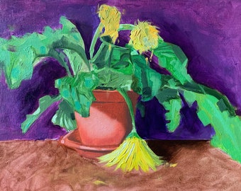 Peinture à l'huile originale de nature morte. Nature morte de fleurs, huile sur panneau entoilé. Art, peinture à l'huile, plantes, vase, vert, violet, jaune.