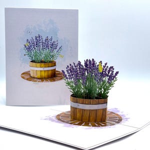 May include: A pop-up greeting card featuring a 3D lavender plant in a wooden barrel pot. The card has a watercolor-style illustration of the same plant. The lavender has purple flowers and green leaves, with a yellow butterfly. The pot sits on a round, brown base.