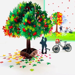Cartão de felicitações pop-up 3D com casal se beijando e árvore das quatro estações, cartões de origami pop-up artesanais de feliz aniversário https://origamipopcards.com/