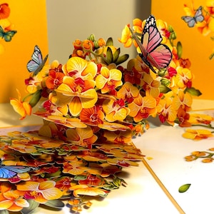 Jardim de orquídeas amarelas douradas com borboletas 3D Pop Up Cartão de felicitações Amor Feliz Aniversário Origami Pop Cards Loja https://origamipopcards.com/