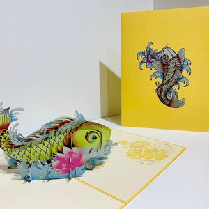 Gold Koi japanische Fisch Karte - erstellt von Origami Pop Cards Sydney Australia 3D Papier Pop Up Karten - OrigamiPopCards.com Hand Made with Love