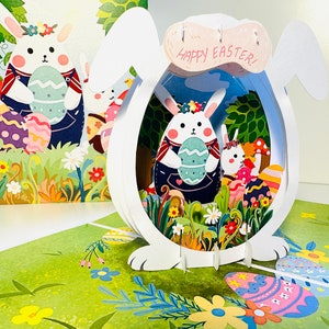 Cartão de felicitações pop-up 3D com tema de coelho da Páscoa, com tema de casa de ovos, agradecimento e carinho da Origami Pop Cards - COMPRE ONLINE https://origamipopcards.com/