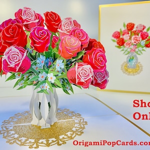 Buquê luxuoso de rosas vermelhas e rosas em um vaso com relevo dourado - Cartão de felicitações pop-up de papel 3D feito à mão OrigamiPopCards.com Dia das Mães Amor