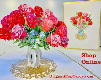 Luxury Bouquet of Red & Pink Roses in a Vase Embossed in Gold - Handmade 3D Paper Pop Up Greeting Card OrigamiPopCards.com Mother's Day Love
