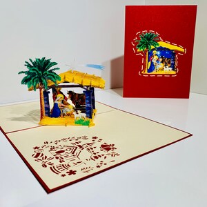 Weihnachtskrippe in Metallic-Rot Pop Up Grußkarte - erstellt von Origami Pop Cards - OrigamiPopCards.com Hand Made with Love