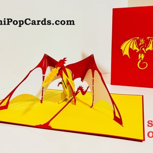 Cartão de felicitações pop-up 3D com dragão cuspidor de fogo super legal ~ Criado por Origami Pop Cards ~ https://OrigamiPopCards.com Feito à mão com amor