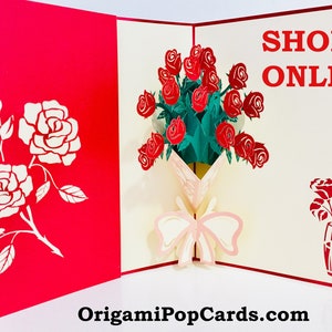 Buquê de rosas vermelhas embrulhado em fita rosa ~ Criado por Origami Pop Cards ~ Sydney, Austrália Papel 3D ~ Cartões Pop-Up OrigamiPopCards.com