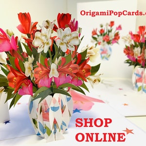 Flor de lírio colorida de primavera em vaso criada por Origami Pop Cards Cartão pop-up 3D Feliz aniversário COMPRE ONLINE https://origamipopcards.com/