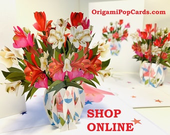 Spring Colourful Lily Flower in Vase Created by Origami Pop Cards 3D Pop Up Card Happy Birthday SHOP ONLINE https://origamipopcards.com/