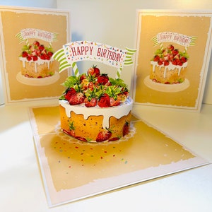 Bolo de morango de feliz aniversário feito à mão com amor Cartões pop-up de origami 3D Compre online https://origamipopcards.com/