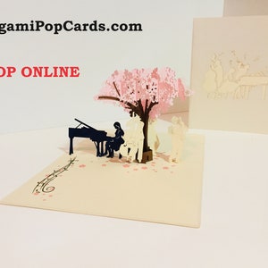 Metallic Sinfonieorchester Musikband unter Kirschblütenbaum Pop Up Grußkarte alles Gute zum Geburtstag OrigamiPopCards.com Hand gemacht mit Liebe