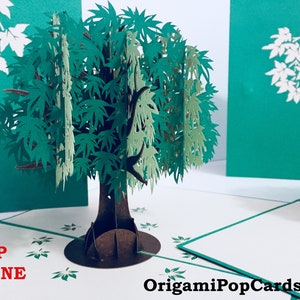 Cartão comemorativo pop-up 3D com árvore de bordo japonesa metálica em verde - Criado por Origami Pop Card - Feito à mão com amor - OrigamiPopCards.com