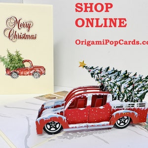 Caminhão vermelho de Natal com árvore de Natal da 3D Pop Up Greeting Card Feliz Natal feito à mão, compre online https://origamipopcards.com/