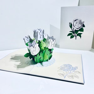 Cartão com buquê de rosas brancas, clássico e chique, criado pela Origami Pop Cards, cartões pop-up de papel mágico 3D em Sydney, Austrália. OrigamiPopCards.com