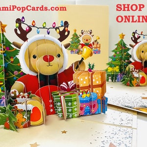 Cartão de felicitações pop-up 3D "Rudolph, a rena do nariz vermelho" com estampa de feliz Natal, feito à mão, compre online https://origamipopcards.com/
