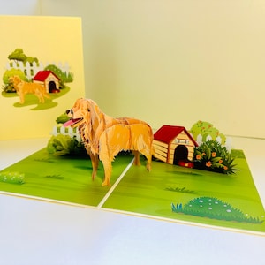 Cartão de felicitações pop-up 3D Golden Retriever Scottish Dog Feliz Aniversário, perfeito para amantes de cães, feito à mão, compre online https://origamipopcards.com/