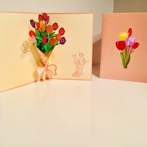 Bunter Tulpenstrauß eingewickelt in rosa Band kreiert von Origami Pop Cards, Sydney - 3D Papier Pop Up Karten - Handgemacht mit Liebe
