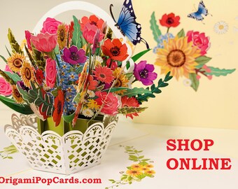 CREAM Spring Colourful Flower Basket 3D Pop Up Greeting Card Happy Birthday Handmade Love Thank You Shop Online https://origamipopcards.com/