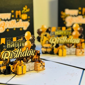 Feliz Aniversário Dourado com Presentes Bolos e Balões Cartão Pop Up 3D Feito à Mão com Amor Compre Online https://origamipopcards.com/