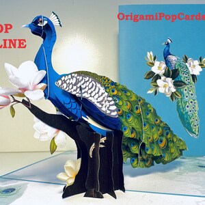 Pavão asiático oriental azul-esverdeado com flores de magnólia branca - Cartão de felicitações pop-up 3D feito à mão - Compre online https://origamipopcards.com/