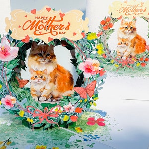 Happy Mother's Day Mum Cat & Baby Kitten in Floral Wreath Handmade with Love Pop Up Greeting Card Shop Online https://origamipopcards.com/
