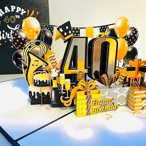 40º Feliz Aniversário Dourado com Presentes Bolos e Balões Cartão Pop Up Feito à Mão com Amor Compre Online https://origamipopcards.com/