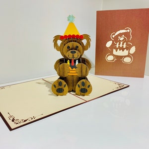 Brauner Teddybär Geburtstagskarte - erstellt von Origami Pop Cards Sydney Australia 3D Papier Pop Up Karten OrigamiPopCards.com Hand Made with Love