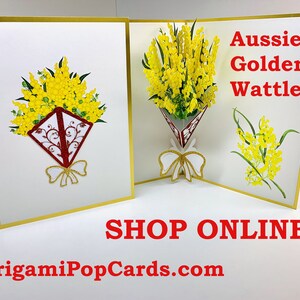 Buquê de flores australianas nativas douradas de luxo com relevo em ouro, cartão comemorativo pop-up 3D - Criado por Origami Pop Cards - OrigamiPopCards.com