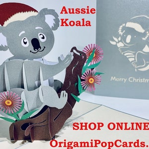 Cartão de Natal com Coala e Papai Noel Australiano - Criado por Origami Pop Cards, Sydney, Austrália - Cartões Pop-up de Papel 3D - OrigamiPopCards.com