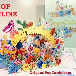 Jardim de flores de rosas da primavera e borboletas PARABÉNS Cartão de felicitações pop-up 3D feito à mão Cartões pop-up de origami LOJA https://origamipopcards.com/