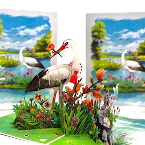 Pássaro cegonha branca no lago com flores da primavera Cartão pop-up de feliz aniversário Cartões pop-up de origami Compre online https://origamipopcards.com/
