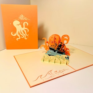 Riesen Orange Oktopus & Blaue Schiff Karte - Erstellt von Origami Pop Cards Sydney 3D Papier Pop Up Karten - OrigamiPopCards.com Hand Made with Love