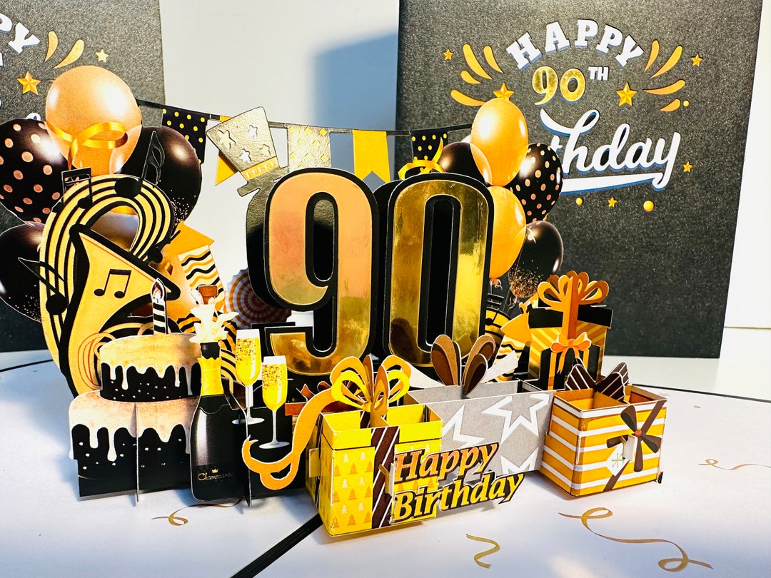 90th Golden Happy Birthday With Presents Cakes & Balloons Pop up