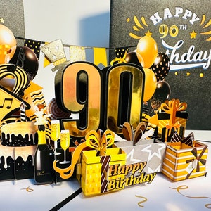 90º Feliz Aniversário Dourado com Presentes Bolos e Balões Cartão Pop Up Feito à Mão com Amor Compre Online https://origamipopcards.com/