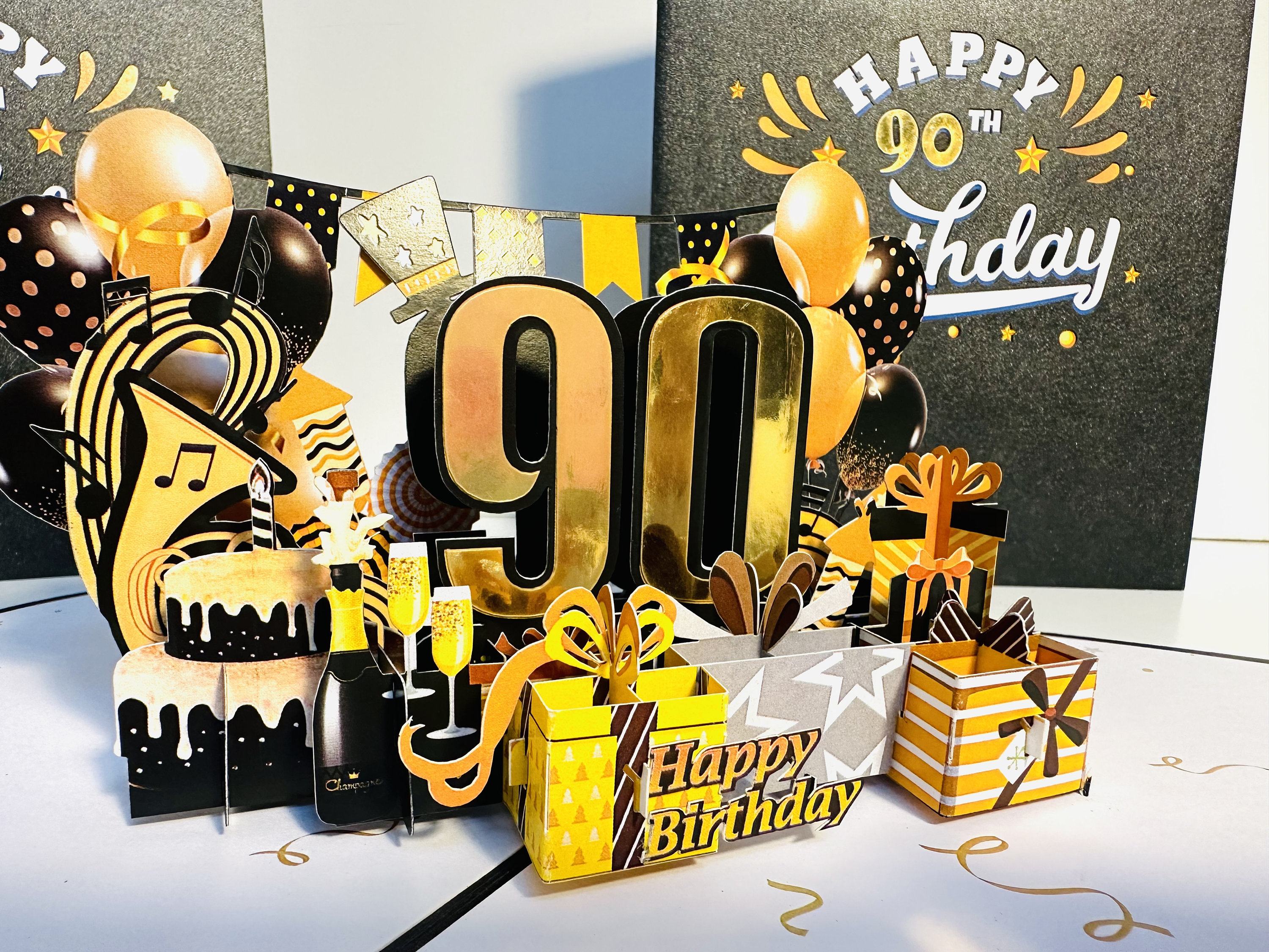 90th Golden Happy Birthday With Presents Cakes & Balloons Pop up
