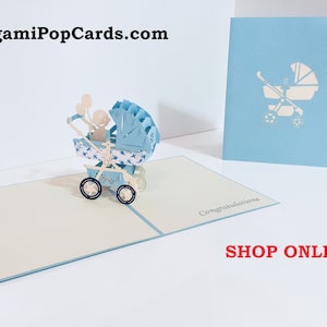 Kinderwagen kinderwagen blauw 3D verjaardagswenskaart origami handgemaakte verjaardagsuitnodigingskaart SYDNEY SHOP ONLINE https://origamipopcards.com/