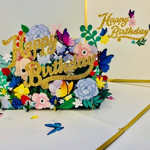 Cartão de felicitações pop-up 3D de luxo dourado, feliz aniversário, jardim de flores da primavera e borboletas, feito à mão com amor. Compre em https://origamipopcards.com/