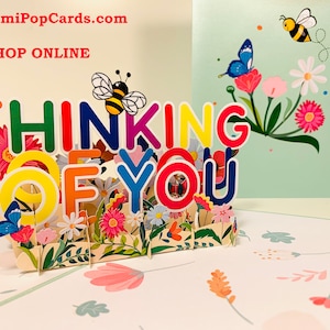 Cartão de felicitações pop-up 3D "Pensando em Você", "Querida Primavera, Jardim e Flores" - Criado por Origami Pop Cards Love - OrigamiPopCards.com