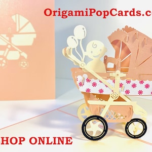 Roze kinderwagen kinderwagen 3D verjaardagswenskaart origami handgemaakte uitnodigingskaart SYDNEY SHOP ONLINE https://origamipopcards.com/