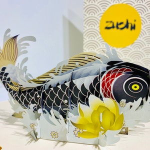 Black Koi Japanese Fish Card - Created by Origami Pop Cards - 3D Magical Paper Pop Up Cards - Sydney Australia. OrigamiPopCards.com