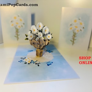 Buquê de margaridas brancas em formato de coração, perfeito para a primavera. Cartão comemorativo pop-up 3D. Compre cartões pop-up de origami online. https://origamipopcards.com/