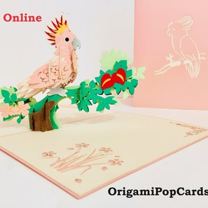 Cartão de felicitações pop-up 3D com cacatua rosa metálica Galah - Criado por Origami Pop Cards Sydney - OrigamiPopCards.com Feito à mão com amor