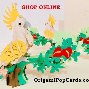 Cartão de saudação pop-up 3D com cacatua branca metálica - Criado por Origami Pop Cards Sydney - OrigamiPopCards.com Feito à mão com amor