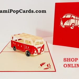 Linda Kombi VW Sufer Vintage Campervan em Vermelho - Criado por Origami Pop Cards Cartões Pop-up de Papel 3D - OrigamiPopCards.com Feito à mão com amor
