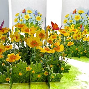 Cartões de origami pop de feliz aniversário 3D com aipo selvagem ou botão de ouro rasteiro, jardim de flores amarelas brilhantes, compre online https://origamipopcards.com/