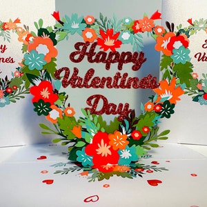 Feliz día de San Valentín - Corona floral de corazones - Hecha a mano con amor - Tarjeta de felicitación 3D emergente - COMPRA en línea https://origamipopcards.com/