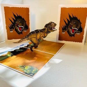 Cartão de aniversário 3D de dinossauro T-Rex marrom correndo, origami feito à mão, cartão pop-up de aniversário com amor, compre online https://origamipopcards.com/