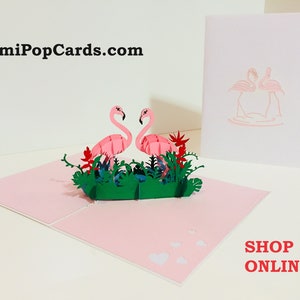 Cartão de Pássaro Flamingos Rosa - Criado por Origami Pop Cards Sydney Austrália Cartões Pop-up de Papel 3D - OrigamiPopCards.com Feito à mão com amor